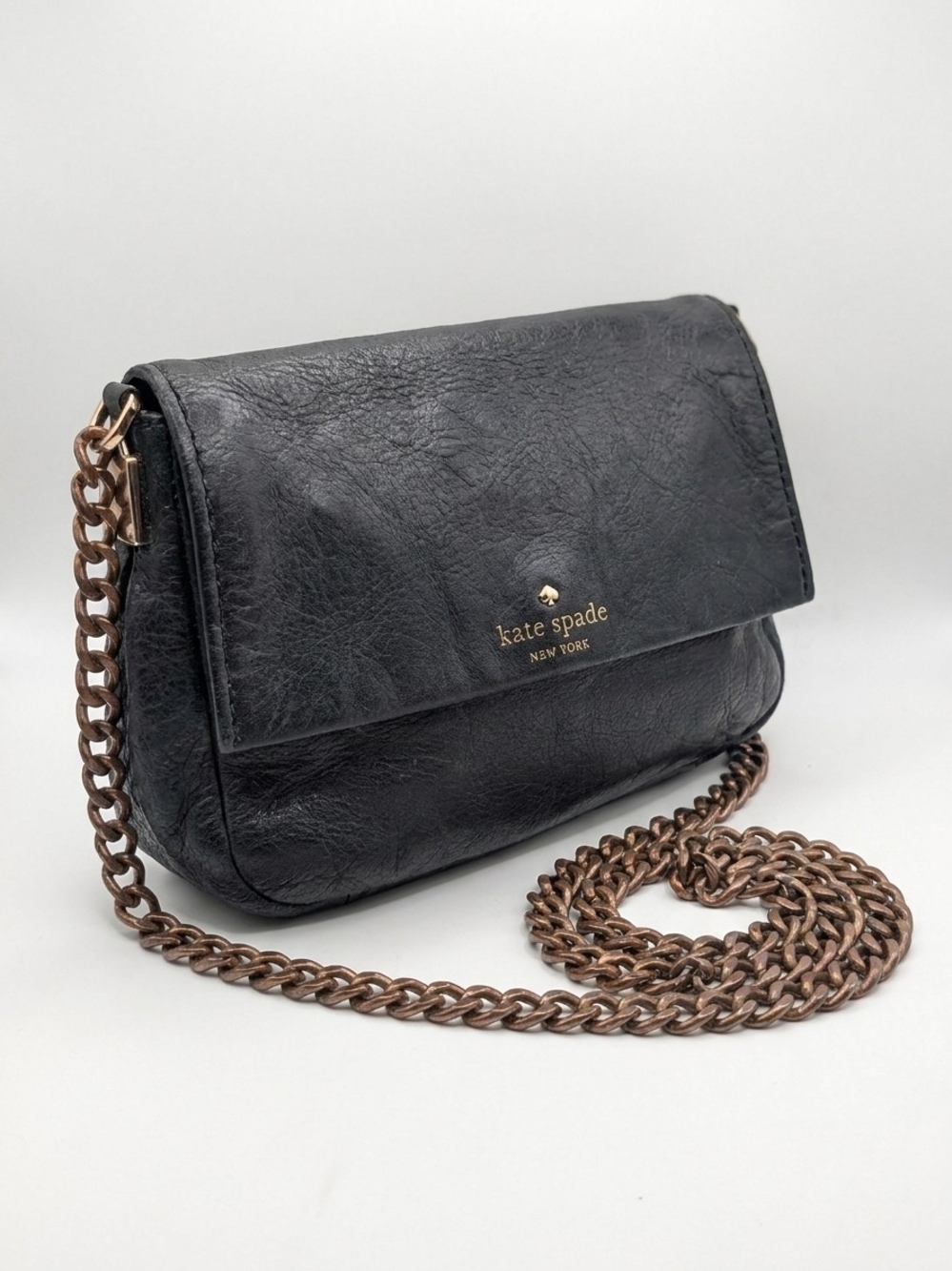 kate spade black leather crossbody with bronze chain